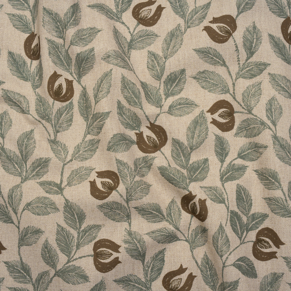 Printed Cotton Canvas - Sage Budding Flowers and Leaves - British Imported