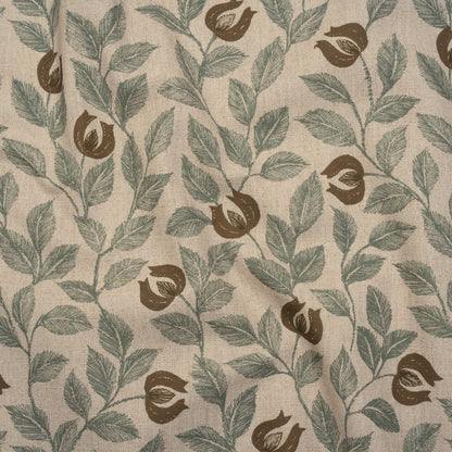 Printed Cotton Canvas - Sage Budding Flowers and Leaves - British Imported