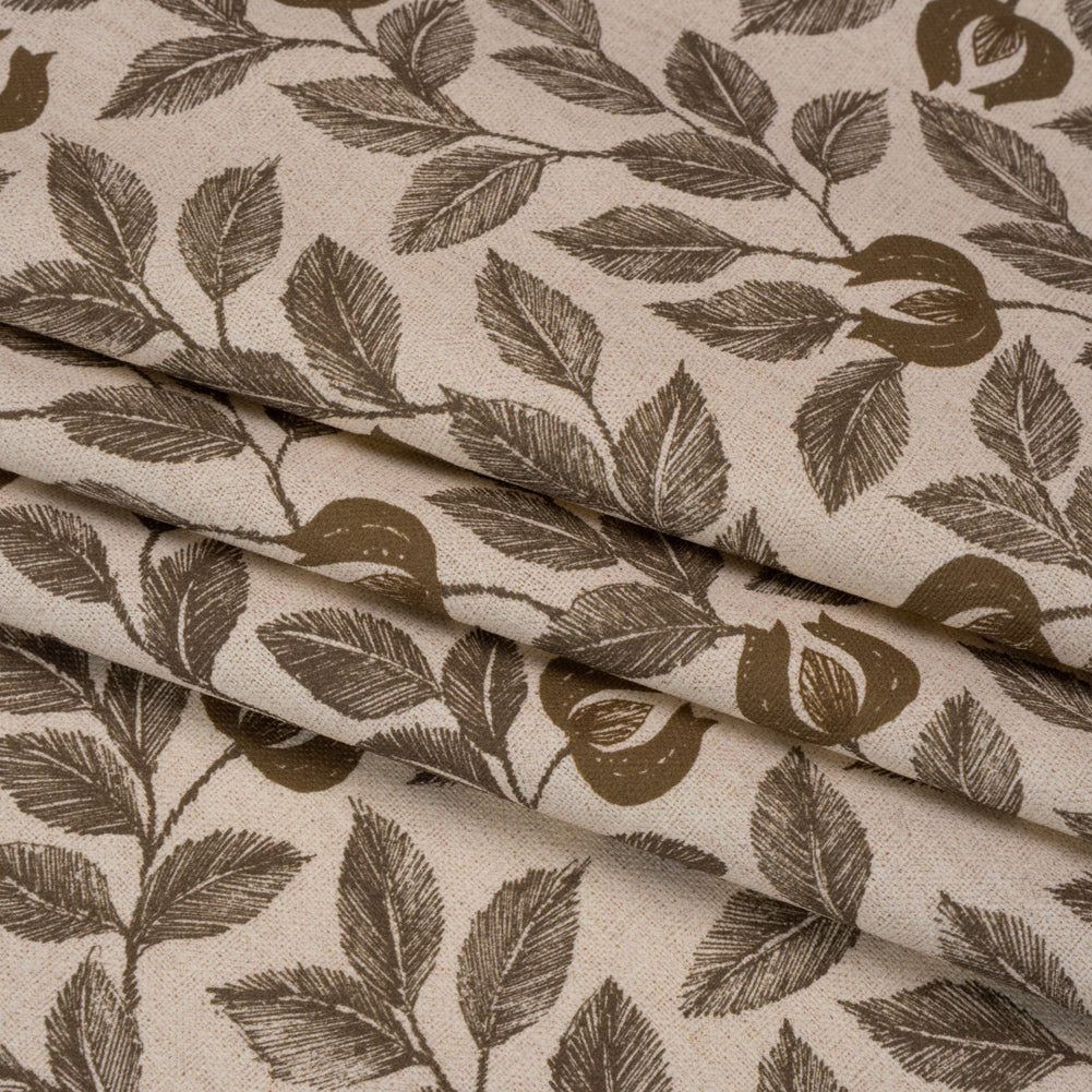 Printed Cotton Canvas - Walnut Budding Flowers and Leaves - British Imported