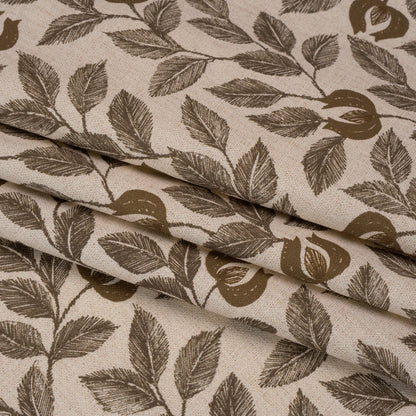 Printed Cotton Canvas - Walnut Budding Flowers and Leaves - British Imported