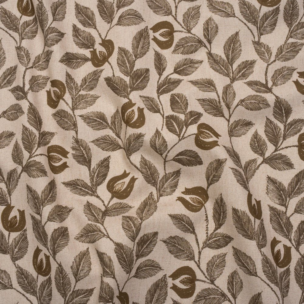 Printed Cotton Canvas - Walnut Budding Flowers and Leaves - British Imported