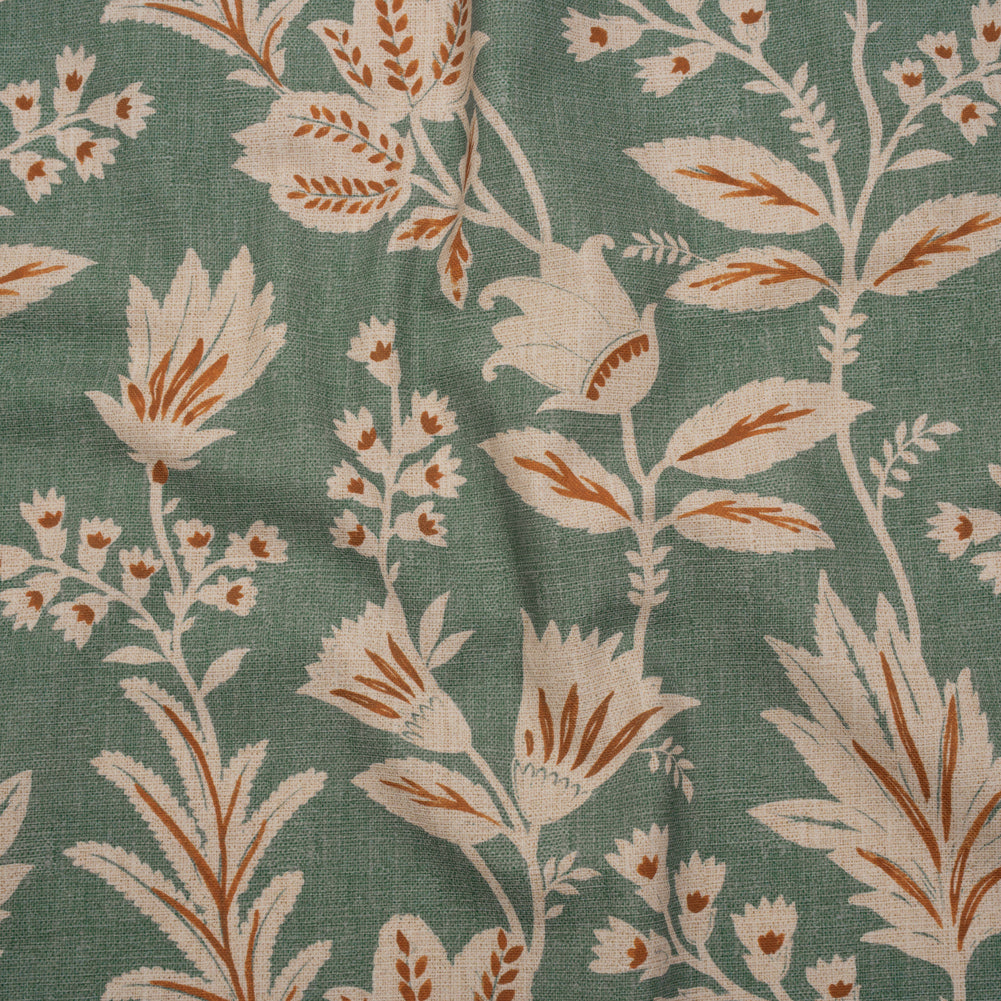 Printed Cotton Canvas - Kingfisher Leafy Sprays and Little Flowers - British Imported
