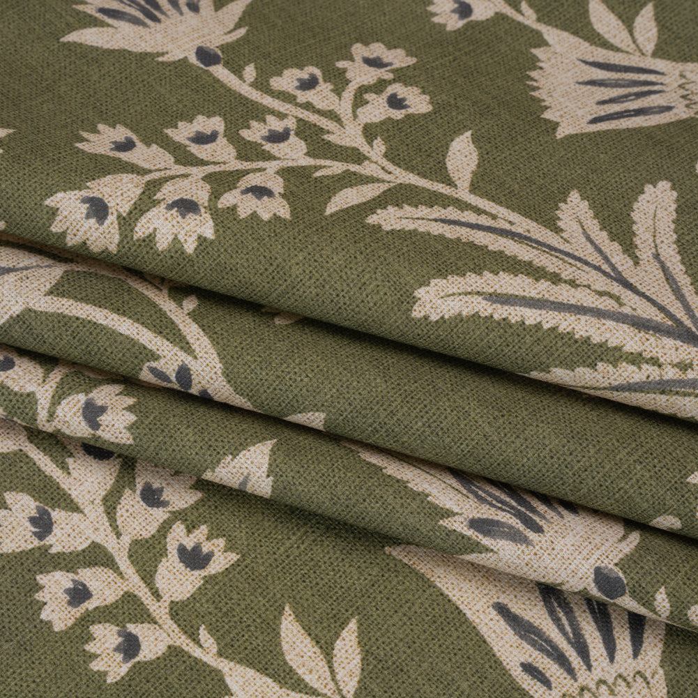 Printed Cotton Canvas - Moss Leafy Sprays and Little Flowers - British Imported