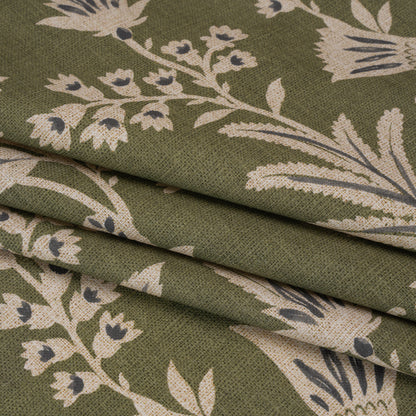 Printed Cotton Canvas - Moss Leafy Sprays and Little Flowers - British Imported