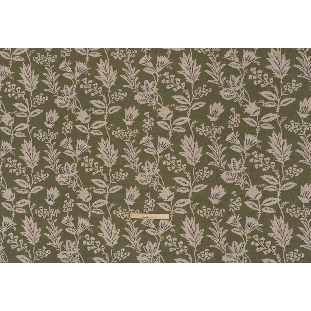 Printed Cotton Canvas - Moss Leafy Sprays and Little Flowers - British Imported