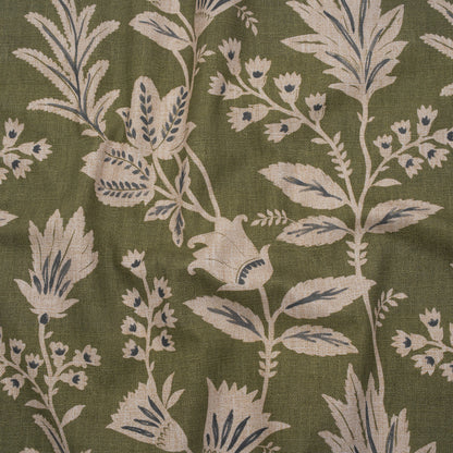 Printed Cotton Canvas - Moss Leafy Sprays and Little Flowers - British Imported