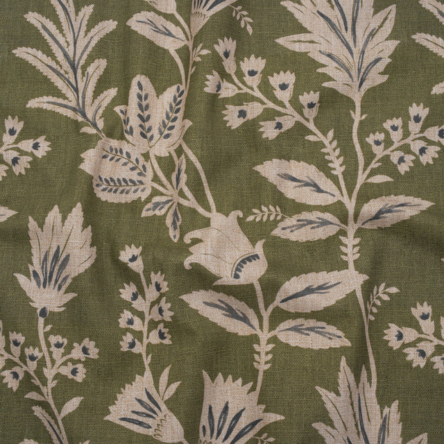 Printed Cotton Canvas - Moss Leafy Sprays and Little Flowers - British Imported