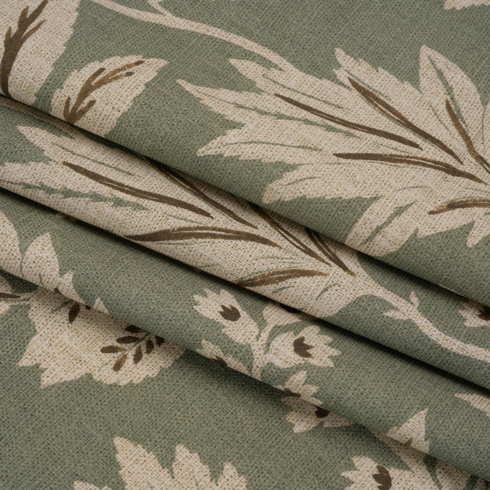 Printed Cotton Canvas - Sage Leafy Sprays and Little Flowers - British Imported - Folded