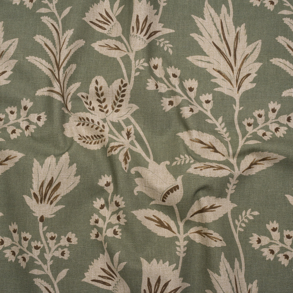 Printed Cotton Canvas - Sage Leafy Sprays and Little Flowers - British Imported