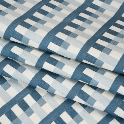 Cotton and Linen Canvas Print - Indigo Geometric Block Stripes - British Imported