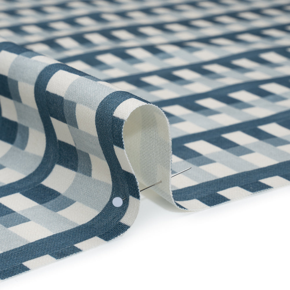 Cotton and Linen Canvas Print - Indigo Geometric Block Stripes - British Imported - Detail