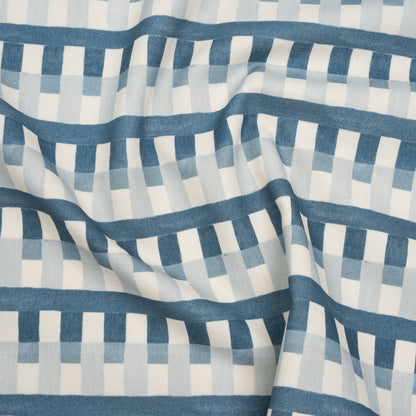 Cotton and Linen Canvas Print - Indigo Geometric Block Stripes - British Imported