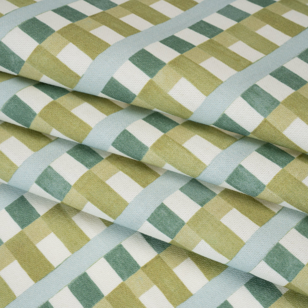 Cotton and Linen Canvas Print - Teal Geometric Block Stripes - British Imported - Folded