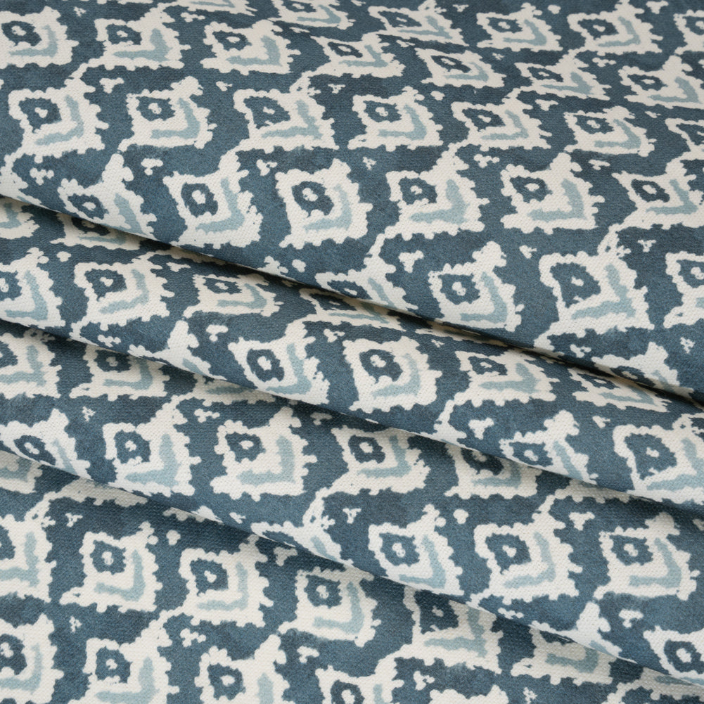 Cotton and Linen Canvas Print - Indigo Rows of Diamonds - British Imported - Folded