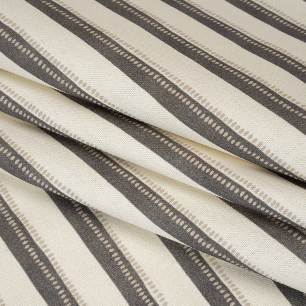 Cotton and Linen Canvas Print - Charcoal Stripes and Dots - British Imported - Folded