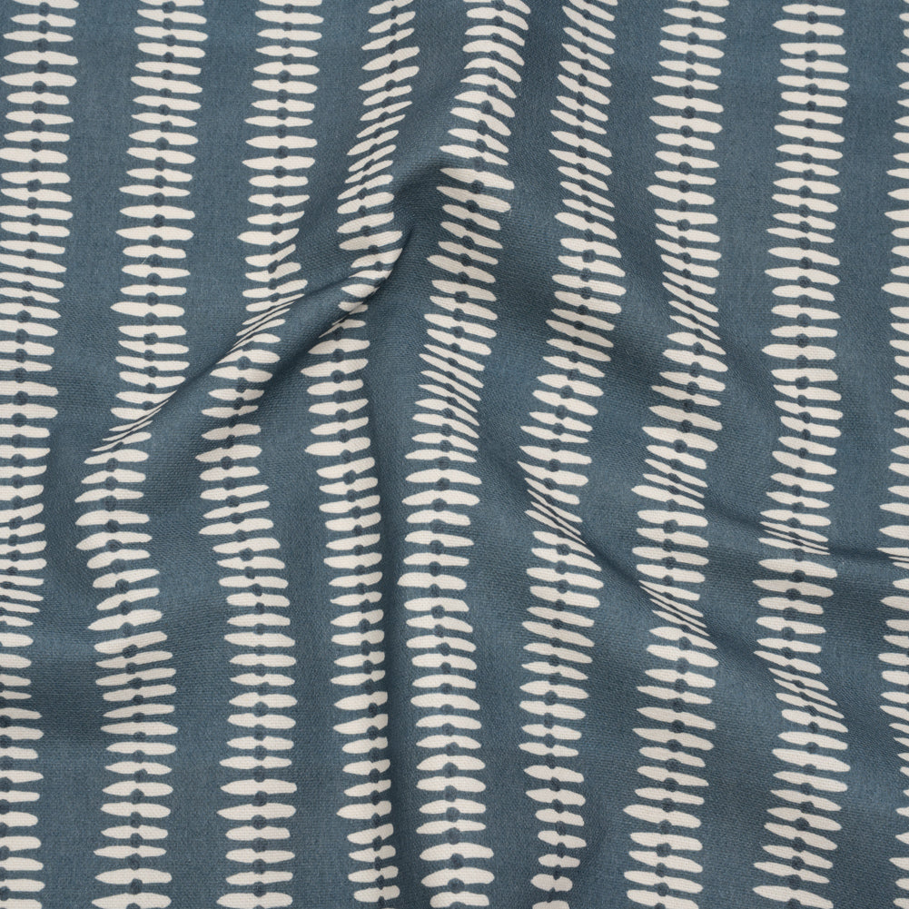 Cotton and Linen Canvas Print - Indigo Dash and Dot Stripes - British Imported