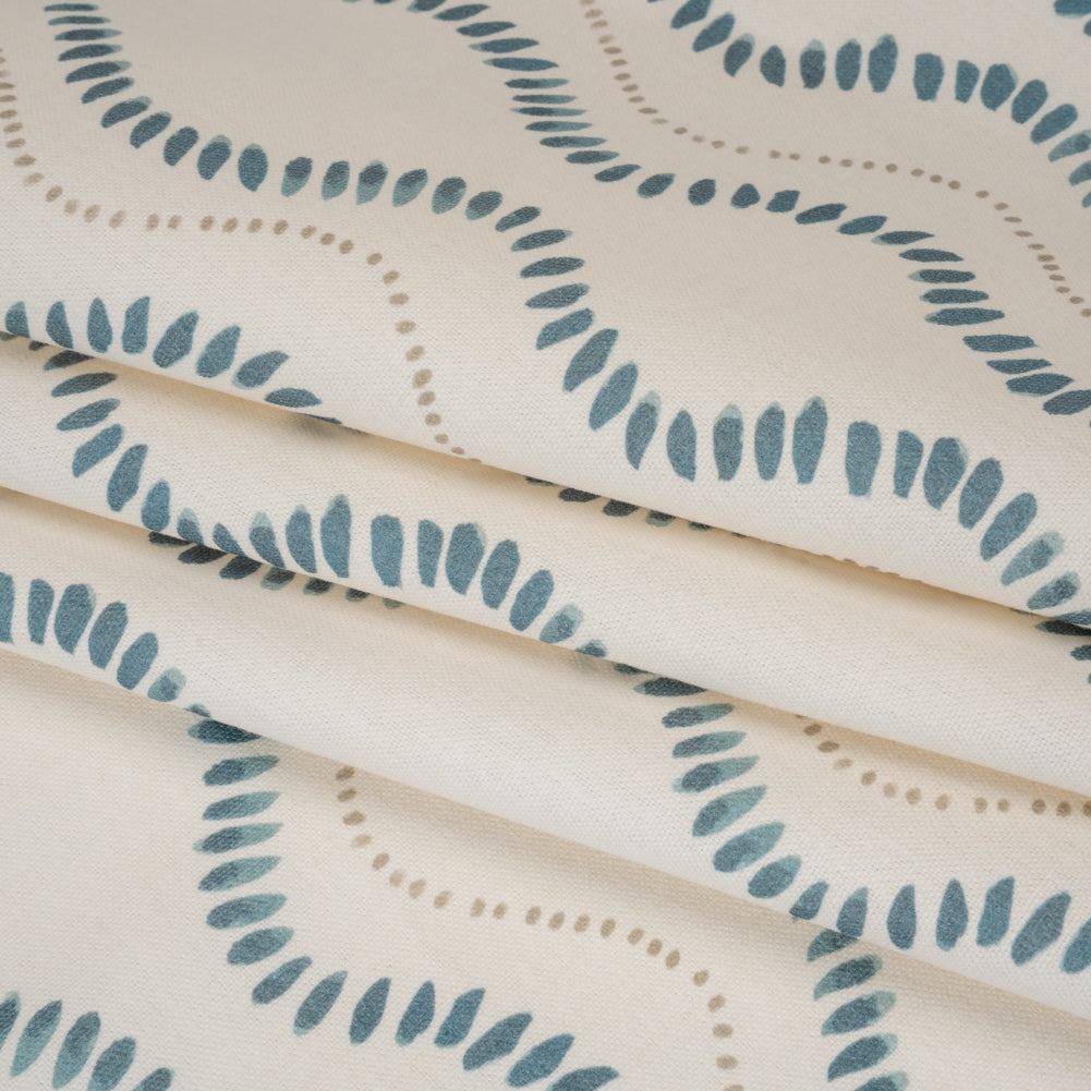 Cotton and Linen Canvas Print - Navy Waves of Petal and Dots - British Imported