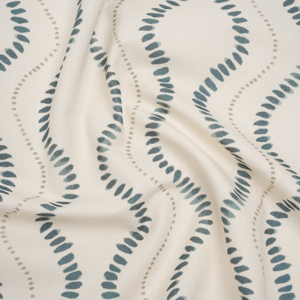 Cotton and Linen Canvas Print - Navy Waves of Petal and Dots - British Imported