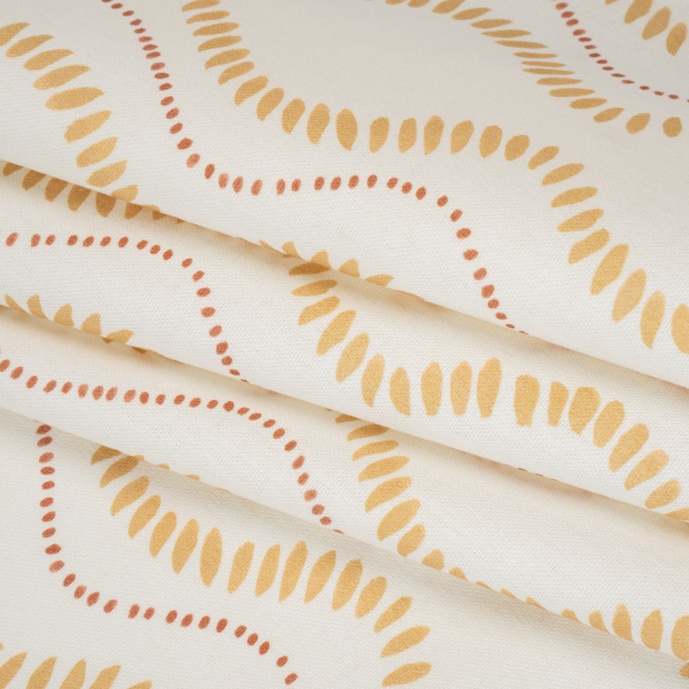 Cotton and Linen Canvas Print - Ochre Waves of Petal and Dots - British Imported