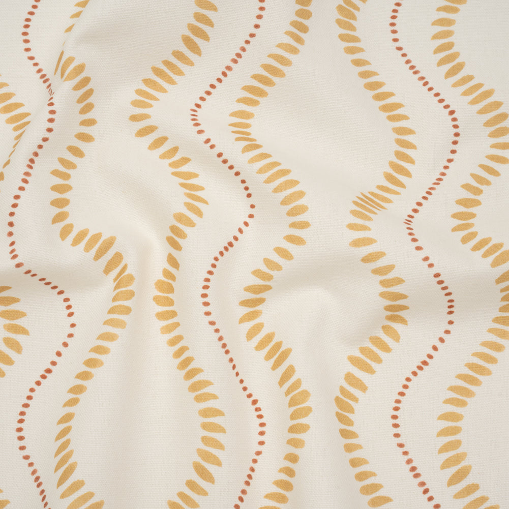 Cotton and Linen Canvas Print - Ochre Waves of Petal and Dots - British Imported