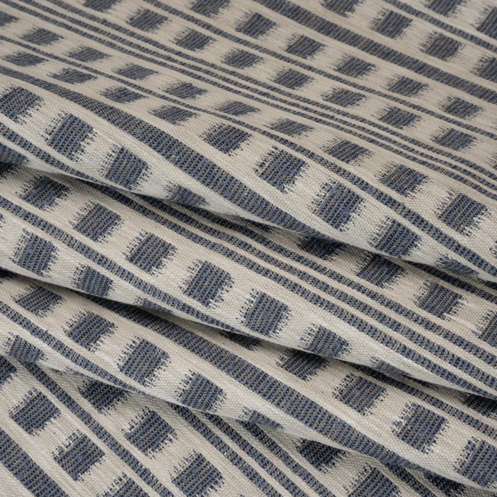 Polyester and Cotton Home Decor Jacquard - Indigo Ikat Squares in Stripes - British Imported - Folded