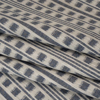 Polyester and Cotton Home Decor Jacquard - Indigo Ikat Squares in Stripes - British Imported