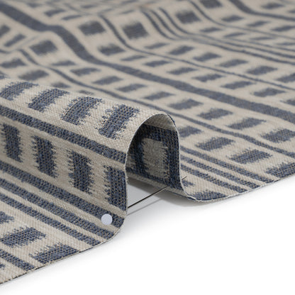 Polyester and Cotton Home Decor Jacquard - Indigo Ikat Squares in Stripes - British Imported