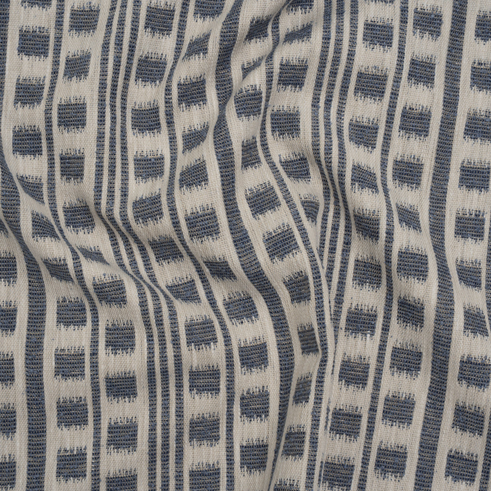 Polyester and Cotton Home Decor Jacquard - Indigo Ikat Squares in Stripes - British Imported