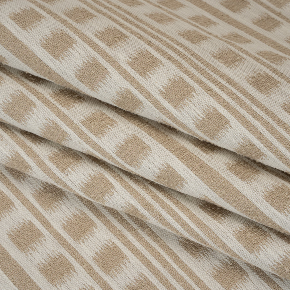 Polyester and Cotton Home Decor Jacquard - Natural Ikat Squares in Stripes - British Imported - Folded