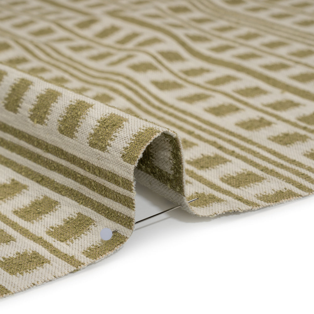 Polyester and Cotton Home Decor Jacquard - Olive Ikat Squares in Stripes - British Imported Detail