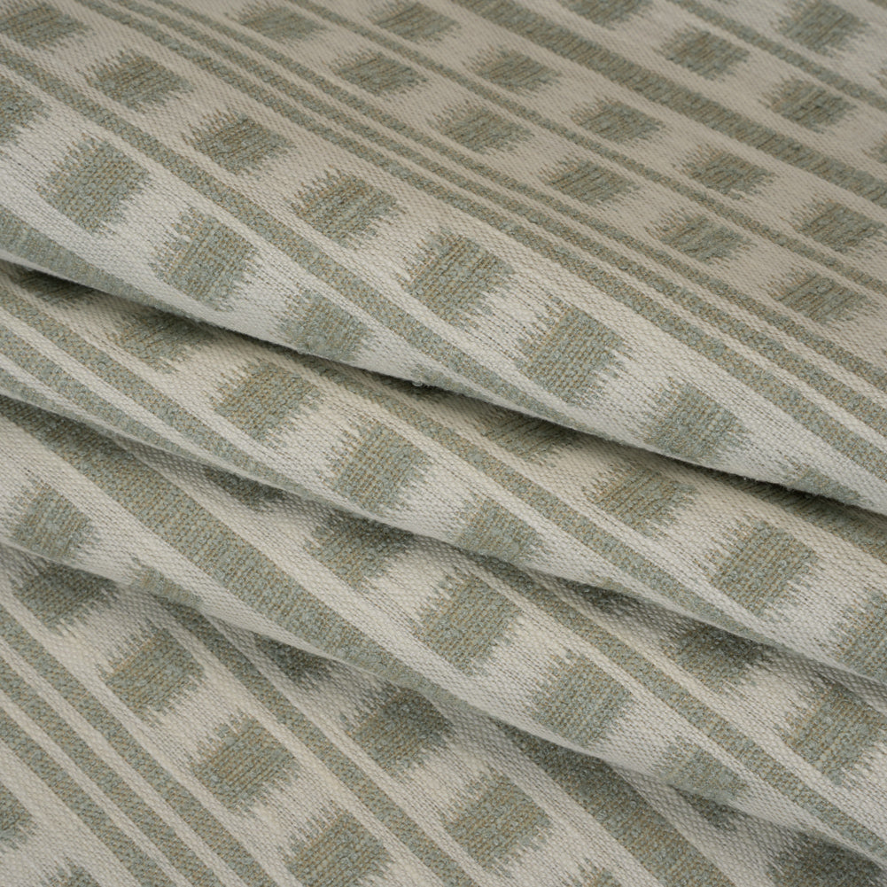 Polyester and Cotton Home Decor Jacquard - Sage Ikat Squares in Stripes - British Imported Folded