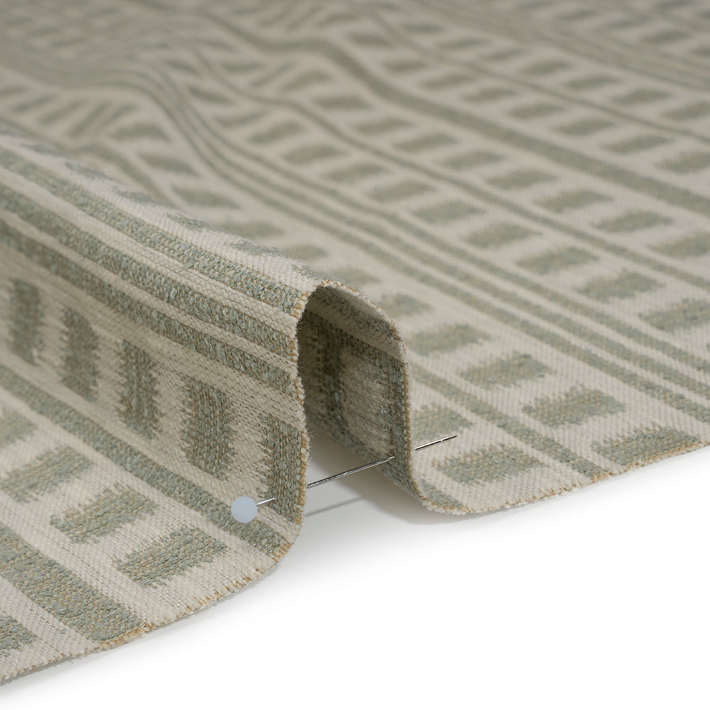 Polyester and Cotton Home Decor Jacquard - Sage Ikat Squares in Stripes - British Imported Detail
