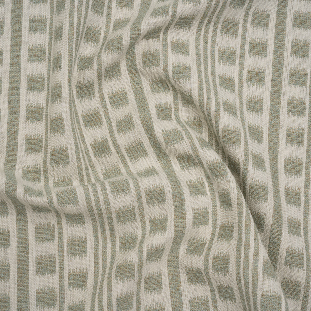 Polyester and Cotton Home Decor Jacquard - Sage Ikat Squares in Stripes - British Imported