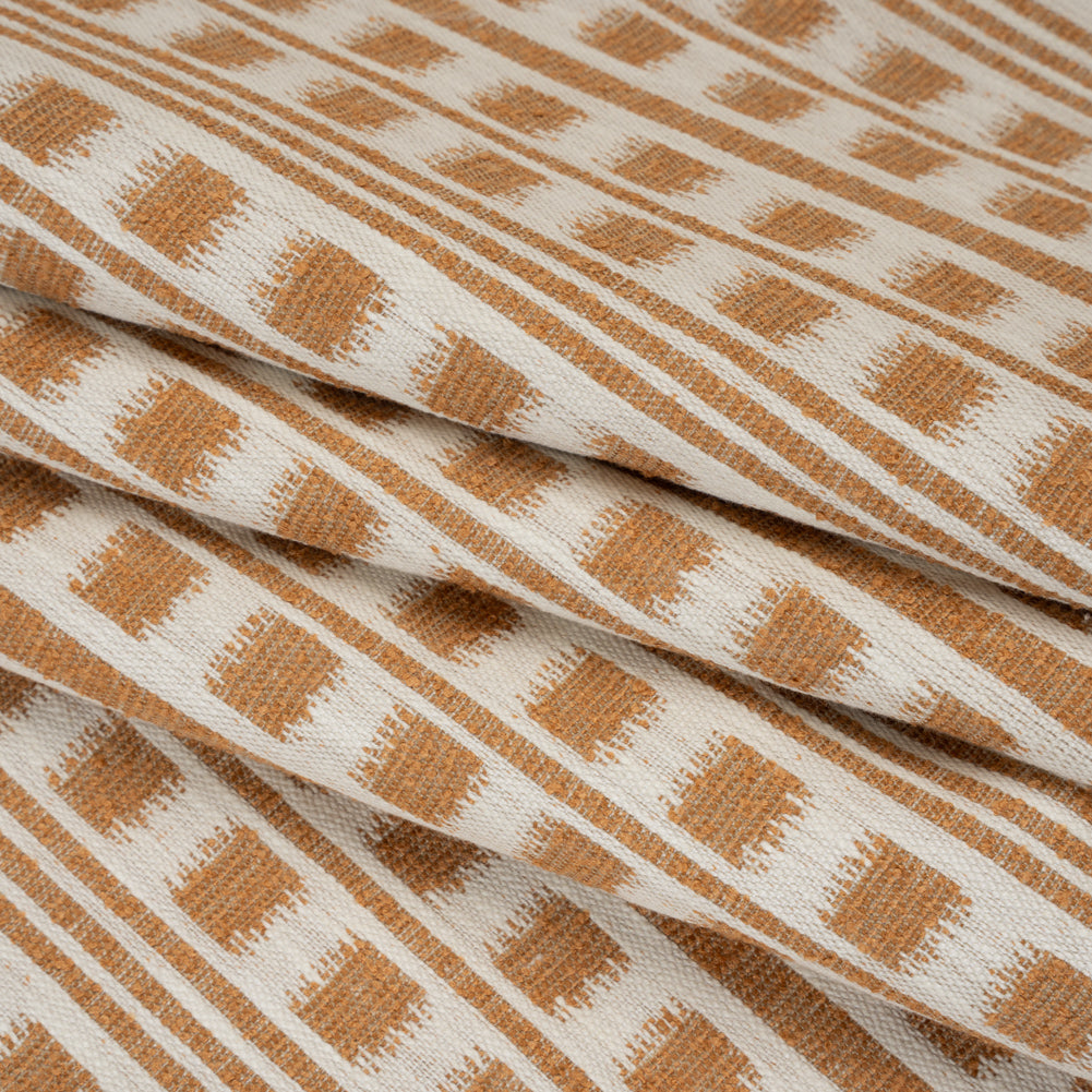 Polyester and Cotton Home Decor Jacquard - Tangerine Ikat Squares in Stripes - British Imported Folded