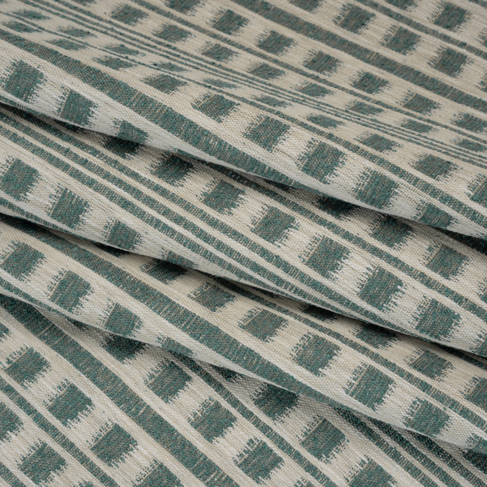 Polyester and Cotton Home Decor Jacquard - Teal Ikat Squares in Stripes - British Imported Folded