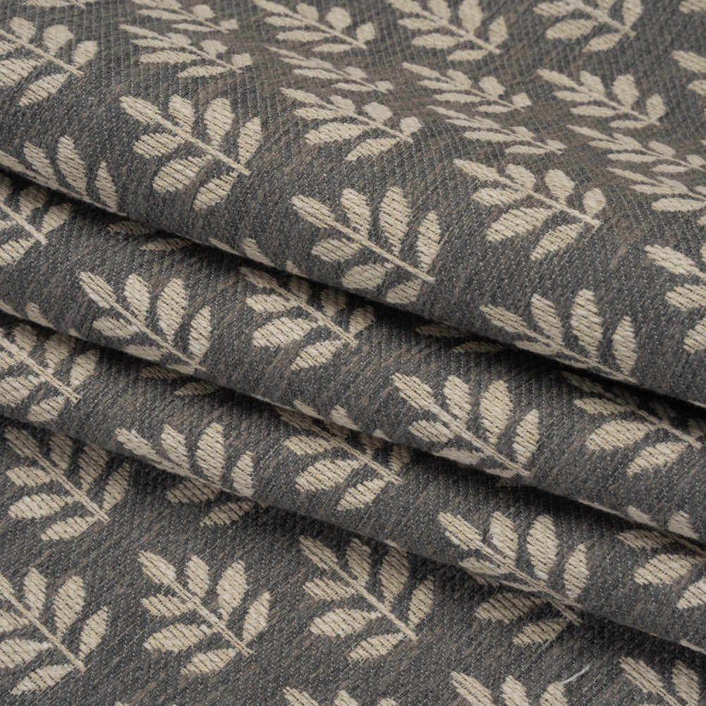 Polyester and Cotton Twill Jacquard - Charcoal Lines of Leaves - British Imported - Folded