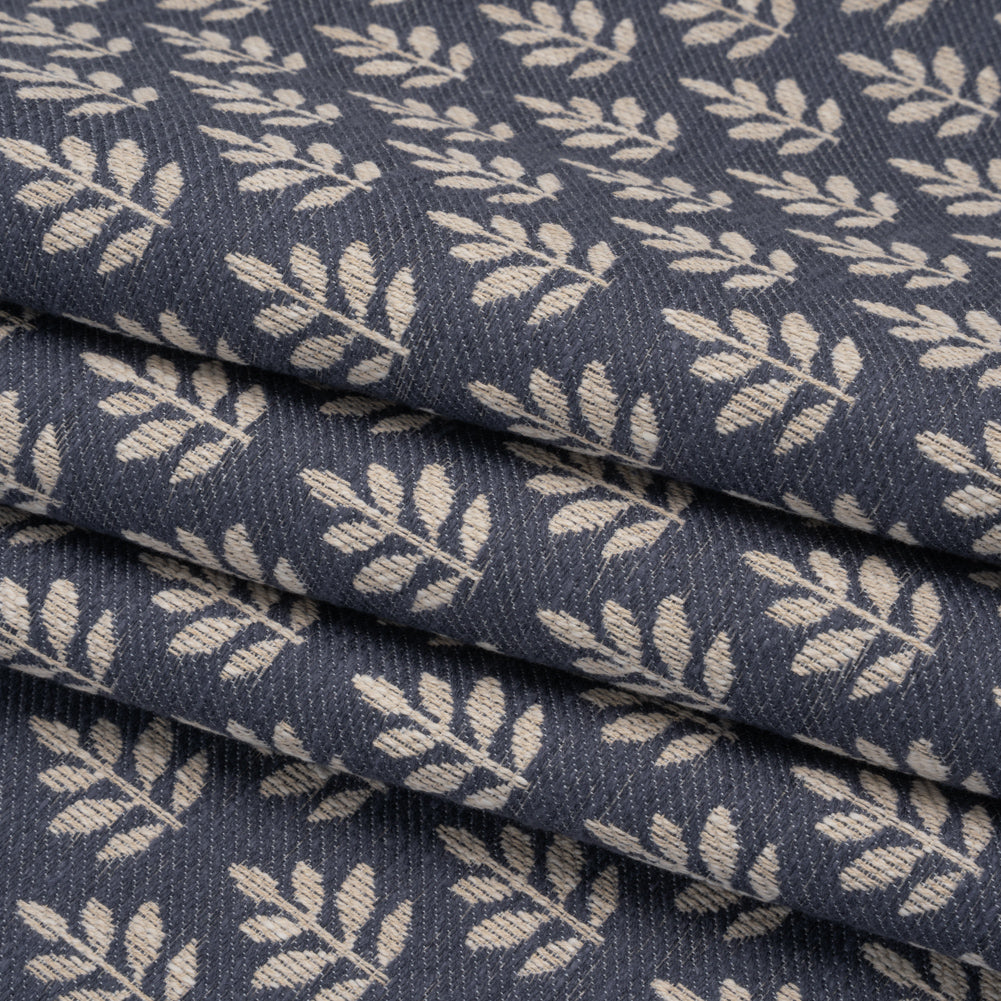 Polyester and Cotton Twill Jacquard - Indigo Lines of Leaves - British Imported