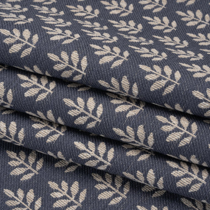 Polyester and Cotton Twill Jacquard - Indigo Lines of Leaves - British Imported