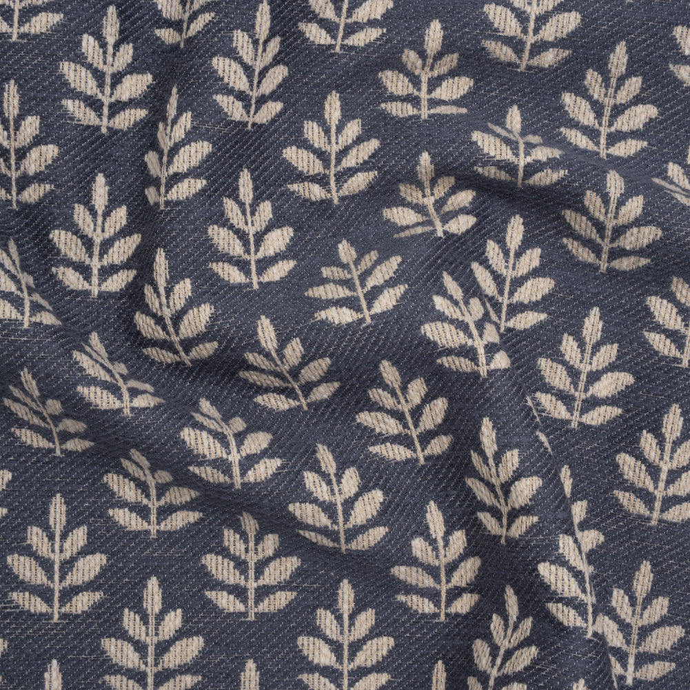 Polyester and Cotton Twill Jacquard - Indigo Lines of Leaves - British Imported