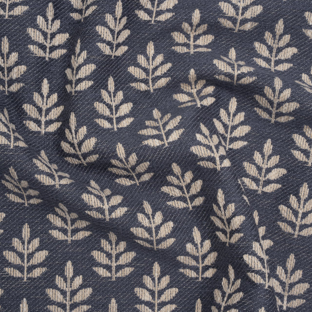 Polyester and Cotton Twill Jacquard - Indigo Lines of Leaves - British Imported