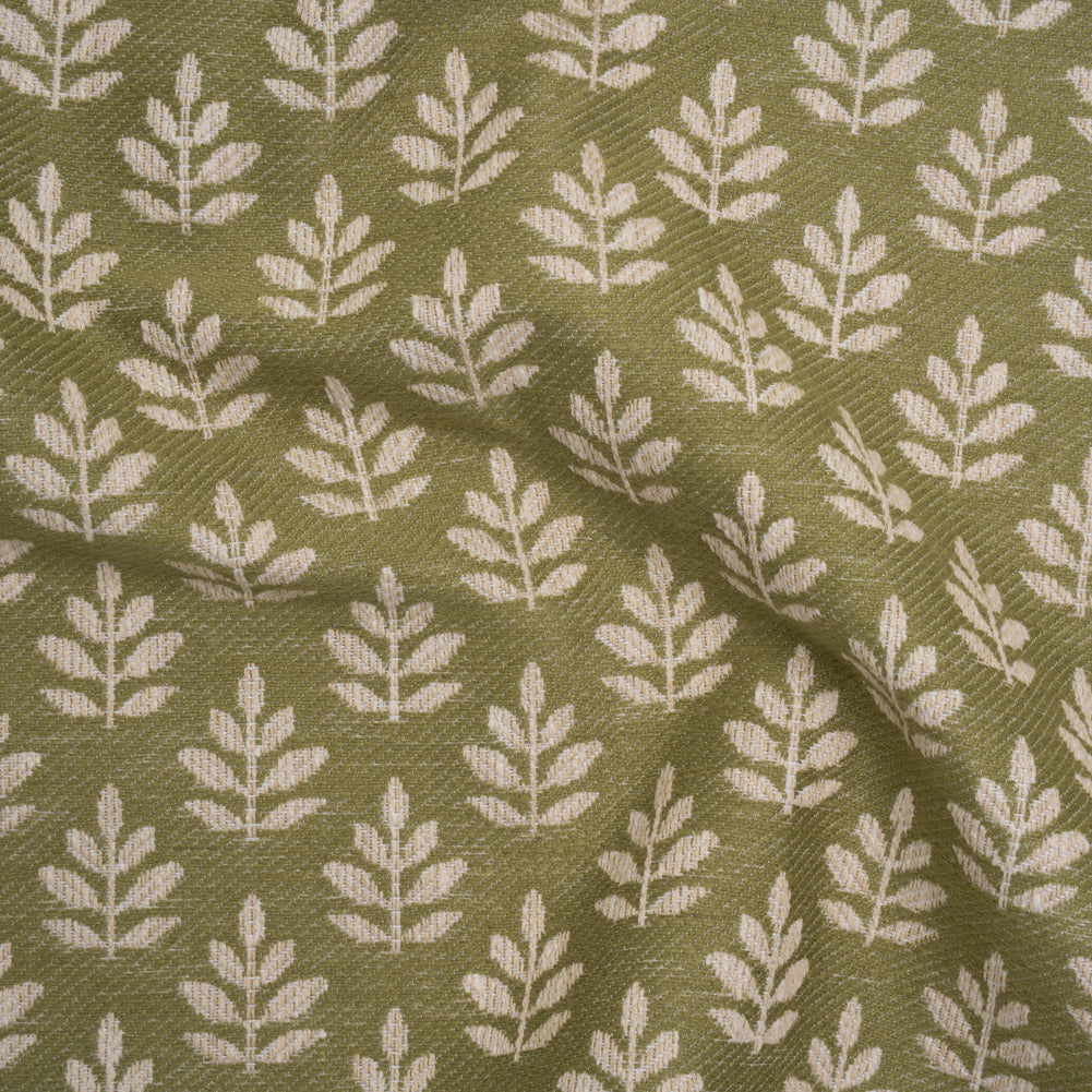 Polyester and Cotton Twill Jacquard - Olive Lines of Leaves - British Imported