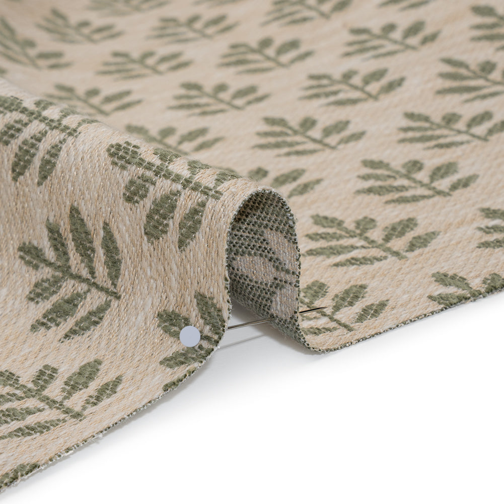 Polyester and Cotton Twill Jacquard - Sage Lines of Leaves - British Imported Detail