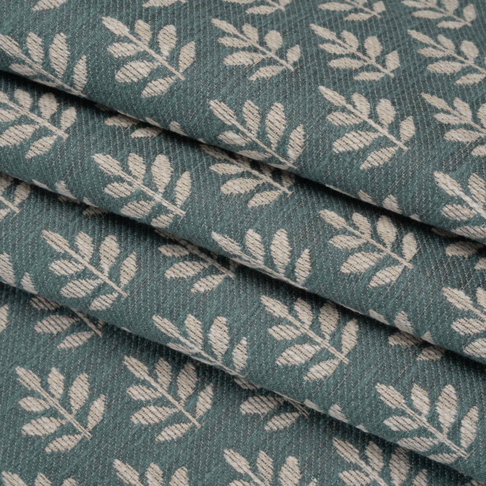 Polyester and Cotton Twill Jacquard - Teal Lines of Leaves - British Imported - Folded