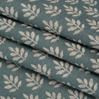 Polyester and Cotton Twill Jacquard - Teal Lines of Leaves - British Imported
