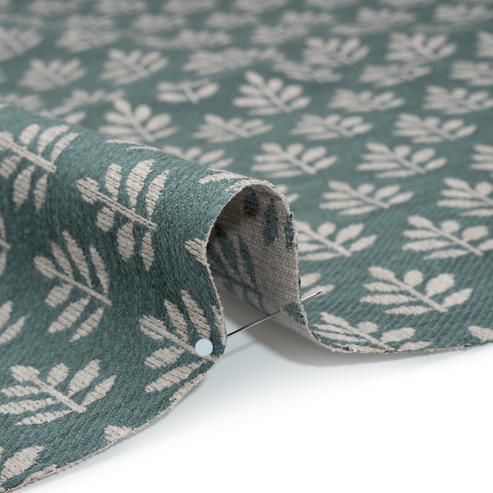 Polyester and Cotton Twill Jacquard - Teal Lines of Leaves - British Imported - Detail