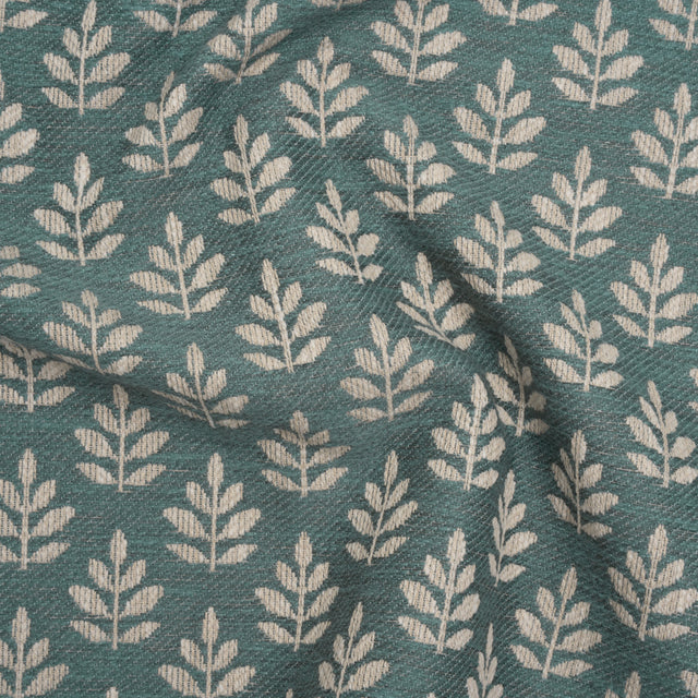 Polyester and Cotton Twill Jacquard - Teal Lines of Leaves - British Imported