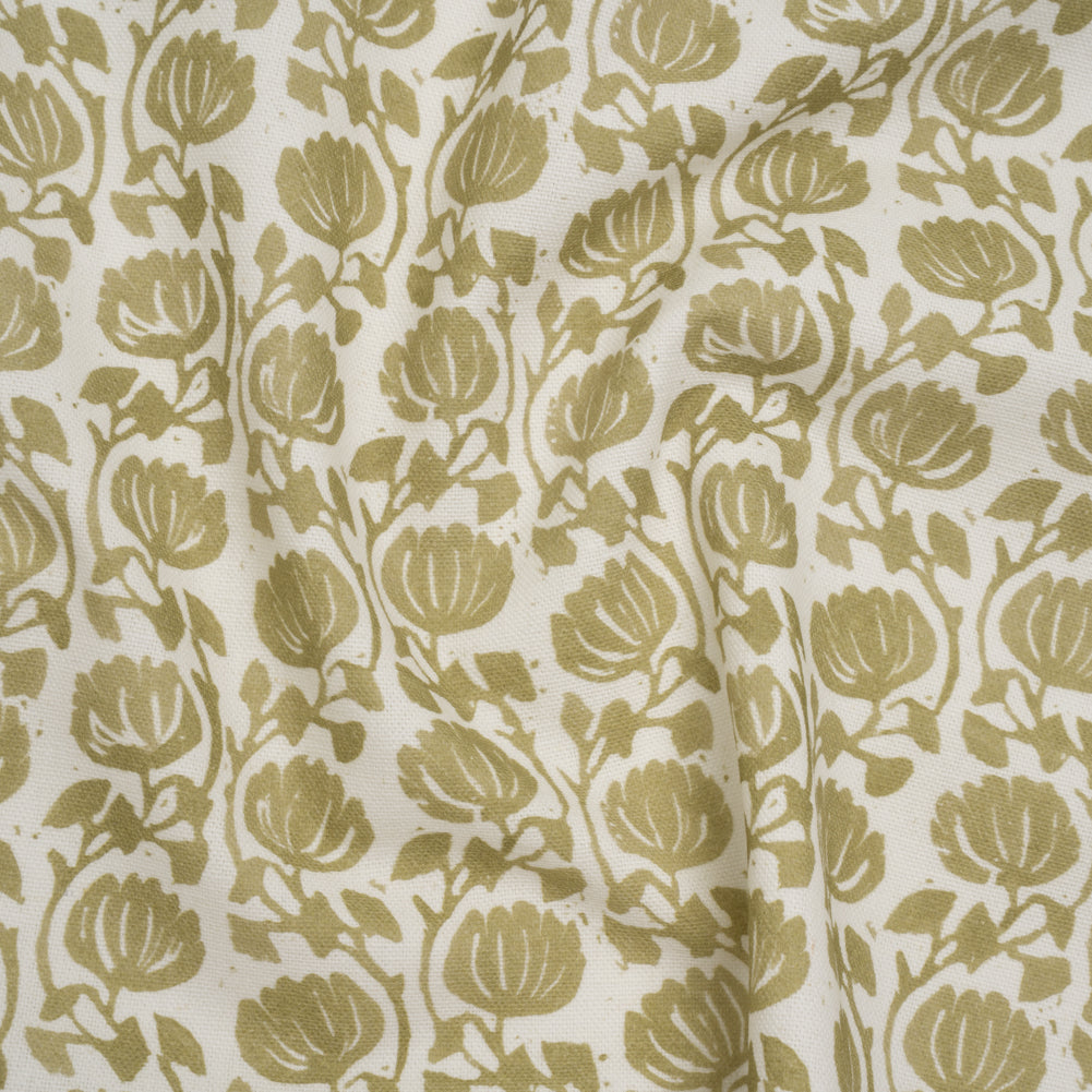 Cotton and Linen Canvas Print - Olive Block Print Florals - British Imported