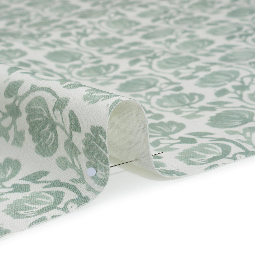 Cotton and Linen Canvas Print - Seafoam Block Print Florals - British Imported