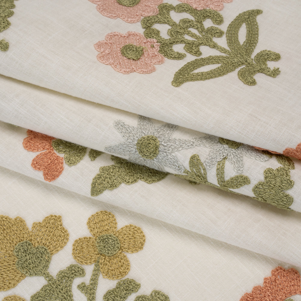 Polyester and Cotton Slubbed Drapery Woven with Viscose Embroidery - Garden Simple Flowers - British Imported - Folded