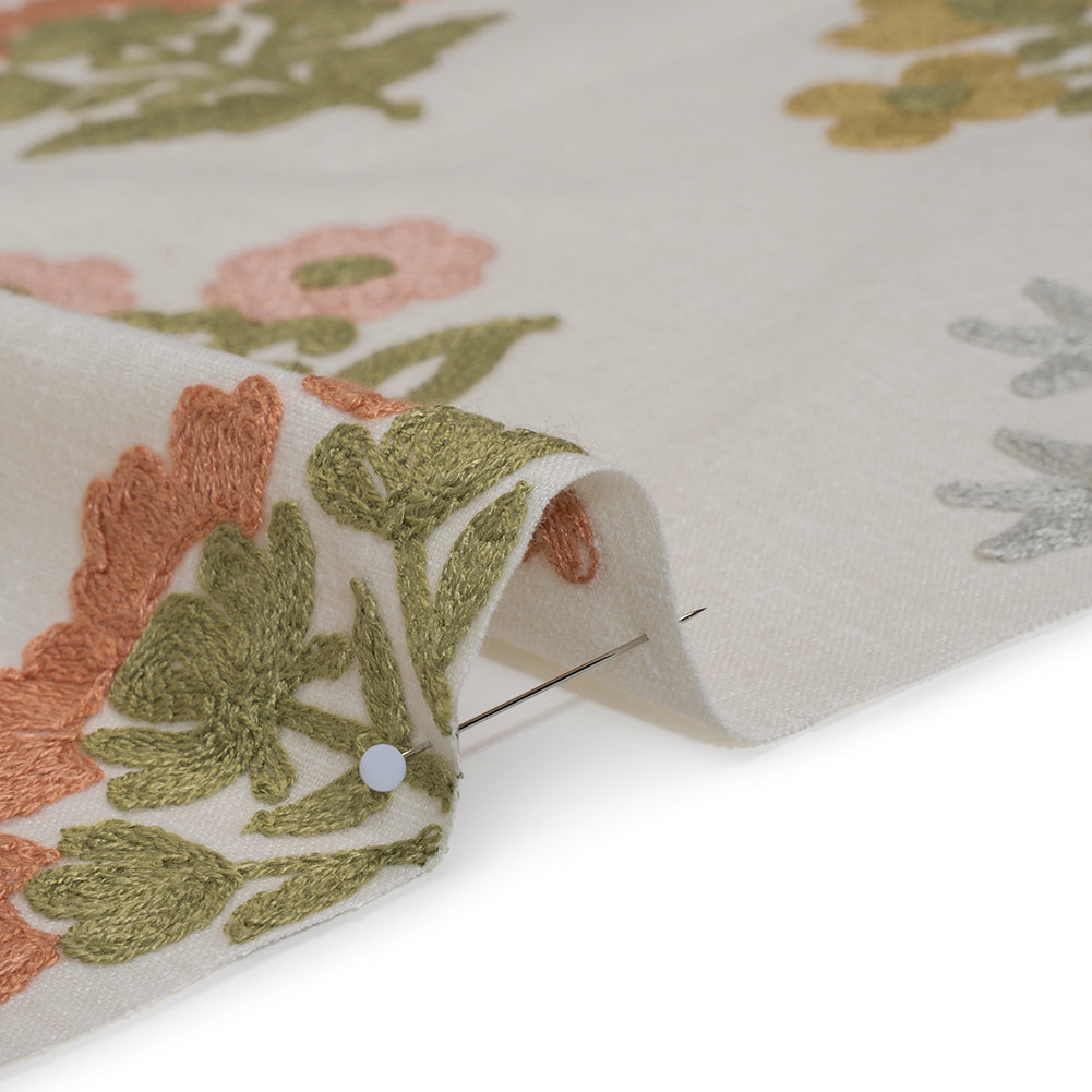 Polyester and Cotton Slubbed Drapery Woven with Viscose Embroidery - Garden Simple Flowers - British Imported - Detail